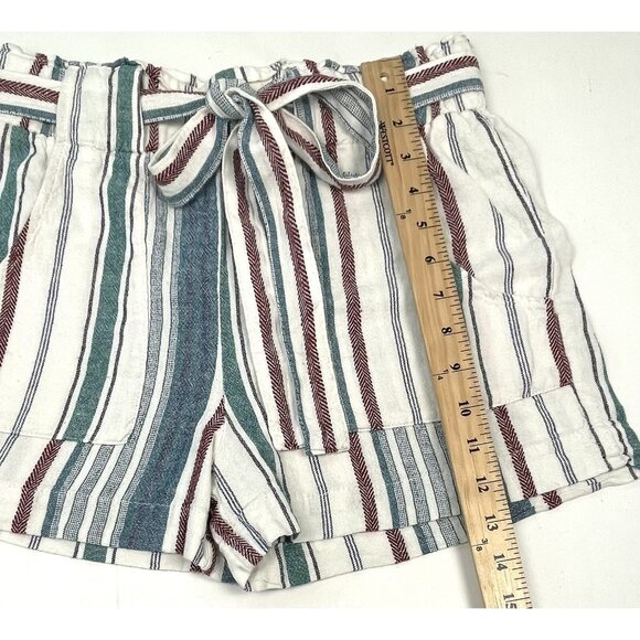 INDIGO REIN Womens MEDIUM Teal/Maroon Stripe Linen Blend 2.5" Paperbag SHORTS - Picture 3 of 7